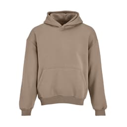 An oversized hooded sweatshirt in a light brown colour, featuring a front pocket and a logo. Made from organic cotton and recycled materials.
