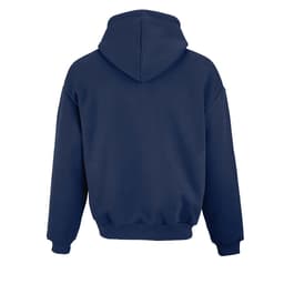 An oversized navy hooded sweatshirt with a rear view and a kangaroo pocket. It has a logo on the back.