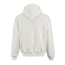 An oversized hooded sweatshirt in white, featuring a back view with a logo and ribbed cuffs.