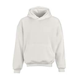 An oversized hooded sweatshirt in white, made from organic cotton and recycled materials. Features a logo.