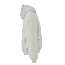 An oversized grey hooded sweatshirt made of organic cotton, rCotton, and rPET. Features a logo.