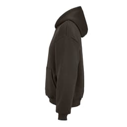 An oversized hooded sweatshirt in dark brown, featuring a kangaroo pocket and a hood. It has a logo.