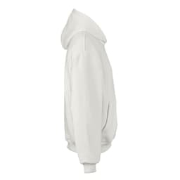 An oversized white hooded sweatshirt with a front pocket and a logo, made from organic cotton and recycled materials.