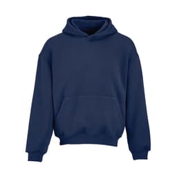 An oversized hooded sweatshirt in navy blue, made from organic cotton, rCotton, and rPET, featuring a front pocket.