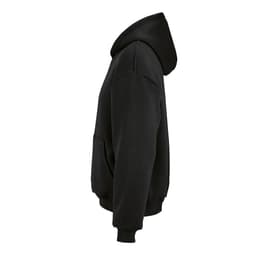 A black oversized hooded sweatshirt made from organic cotton, rCotton, and rPET, featuring a side view and a logo.