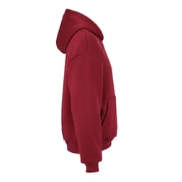An oversized hooded sweatshirt in deep red, featuring a kangaroo pocket and a logo on the front.