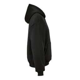 An oversized black hooded sweatshirt made from organic cotton and recycled materials, featuring a pocket and a logo.