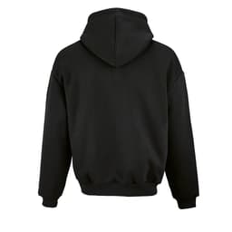 A black oversized hooded sweatshirt featuring a hoodie and ribbed cuffs. Includes a logo on a back panel.