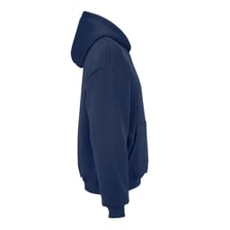 An oversized navy blue hooded sweatshirt made from organic cotton, rPET, and rCotton. Features a front pocket and a logo.