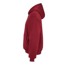 A red oversized hooded sweatshirt made from organic cotton, rCotton, and rPET. It features a pocket and a logo.