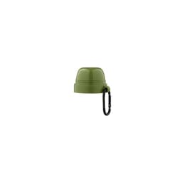 A drink bottle lid in olive green with a black carabiner attached. Features a simple design.