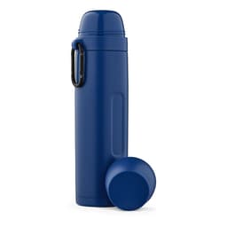 A drink bottle in navy blue, featuring a carabiner and two cups. It has a simple design and a logo.