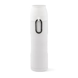 A drink bottle in white, featuring a carabiner and two cups included. It has a logo on the side.