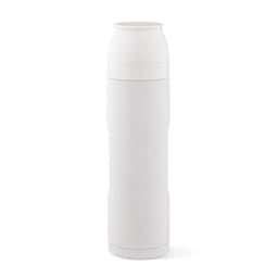 A drink bottle in white, featuring a secure lid, two cups, and a carabiner attachment. It has a logo.