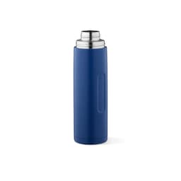 A drink bottle in blue with a stainless steel cap, featuring a handle and a logo.