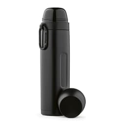 A black thermos with a carabiner and two cups, featuring a sleek design. It has a logo on it.