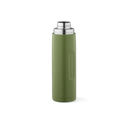 A drink bottle in matte olive green with a stainless steel lid and a side handle. Includes a branding logo.