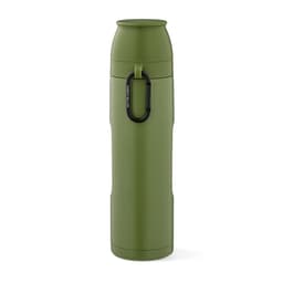 A drink bottle in olive green with a screw-top lid, includes two cups and a carabiner for easy attachment.
