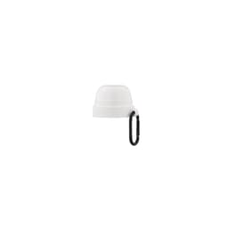 A drink bottle lid with a black carabiner, featuring a white cap design.