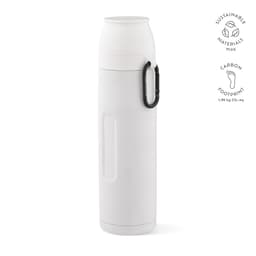 A drink bottle in white with a carabiner and two cups, featuring a logo on the side.
