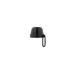 A drink bottle with a black cap, attached to a carabiner, featuring a logo. Two cups are included.