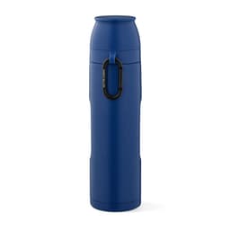 A drink bottle in blue featuring a carabiner and two cups, designed for portability and convenience.