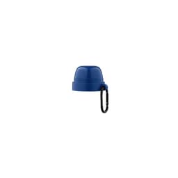 A blue thermos lid with a black carabiner attached. The item includes a logo on the lid.