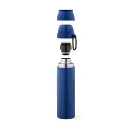 A drink bottle in blue, featuring a detachable lid, a carabiner, and two cups. It has a sleek design with a logo.