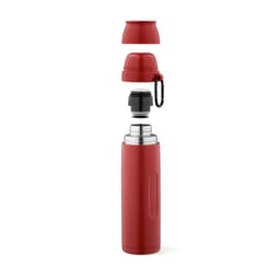 A drink bottle in red, featuring a removable lid, carabiner, and two cups for easy sharing.