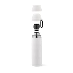 A drink bottle in white with a detachable cap and a carabiner, featuring two cups and a sleek design.