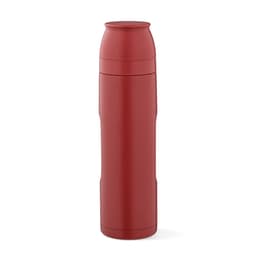 A drink bottle in red with a sleek design, featuring two cups and a carabiner, and a visible logo.