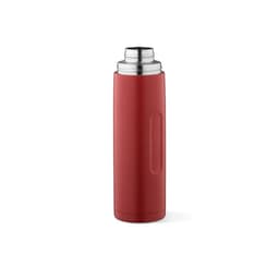 A drink bottle in red with a stainless steel lid, featuring a side handle and a logo. It includes two cups and a carabiner.