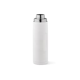 A drink bottle in white with a stainless steel top, featuring a carabiner and two cups. It has a logo.
