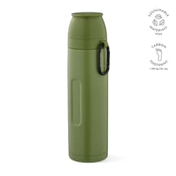 A drink bottle in olive green, featuring a carabiner and two cups, with a logo displayed on the side.