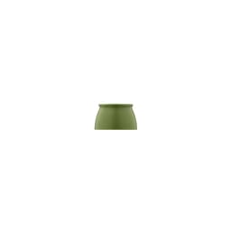 A drink bottle in a matte olive green colour with a curved base and a logo. Includes two cups and a carabiner.