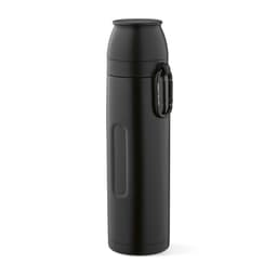 A drink bottle in matte black, featuring a carabiner and two cups, holding 1080ml. Includes a branding logo.