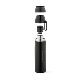 A drink bottle in matte black with a removable cap, two cups, and a carabiner attached. It features a logo.