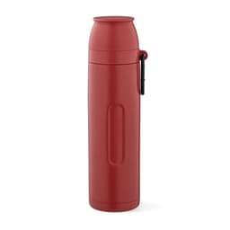 A drink bottle in red, featuring a lid, two cups, and a carabiner, with a logo on the side.