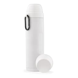 A drink bottle in white, featuring a black carabiner and two detachable white cups.