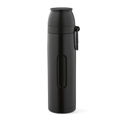 A drink bottle in matte black finish, featuring a lid, a carabiner, and two cups. It has a sleek design with a logo.
