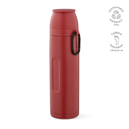 A drink bottle in a deep red colour, featuring a carabiner, with a sleek design and a branding logo.