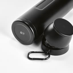A drink bottle in black, featuring a carabiner and two matching cups. Includes a logo.