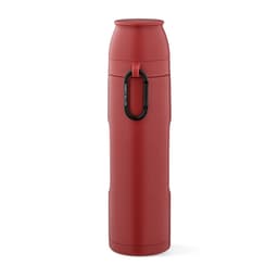 A drink bottle in a vibrant red colour, featuring a carabiner and two cups included. It has a logo.