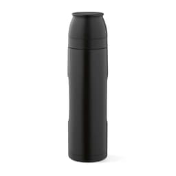 A drink bottle in black with a sleek design, featuring two cups and a carabiner. Includes a logo.