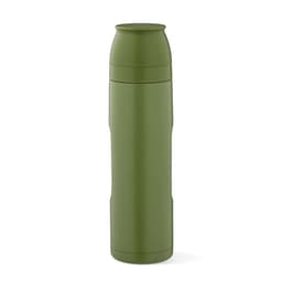 A drink bottle in olive green, featuring a detachable lid and two cups, accompanied by a carabiner.