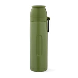 A drink bottle in olive green, featuring a screw top lid, two cups, and a carabiner for convenience.
