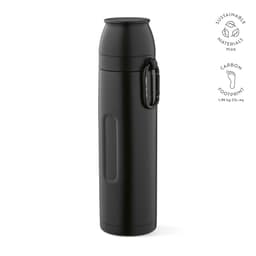 A drink bottle in black featuring a carabiner and a logo. Holds 1080ml and includes two cups.