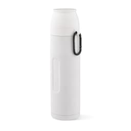A drink bottle in white with a carabiner and two attached cups, ideal for outdoor activities.