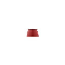 A drink bottle in a deep red colour featuring a rounded design, with a logo visible.