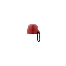 A red thermos lid with a carabiner attached. The lid has a rounded top and a smooth finish.